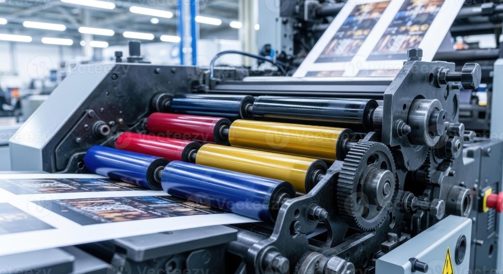 Industrial offset printing machine with CMYK rollers